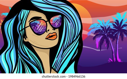 Cartoon vector illustration of the reflection palm trees in the sunglasses. Summer vibes landscape illustration. Hand-drawn vector illustration.