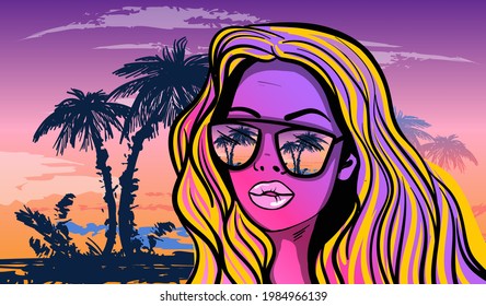 Cartoon vector illustration of the reflection palm trees in the sunglasses. Summer vibes landscape illustration. Hand-drawn vector illustration.