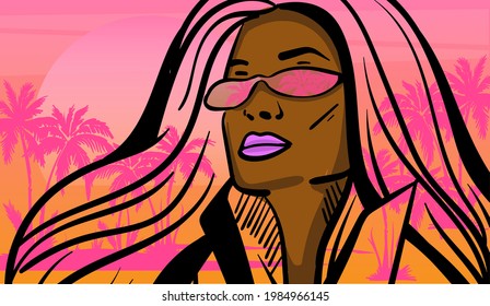 Cartoon vector illustration of the reflection palm trees in the sunglasses. Summer vibes landscape illustration. Hand-drawn vector illustration.