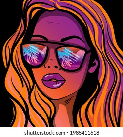 Cartoon vector illustration of the reflection palm trees in the sunglasses. Summer vibes landscape illustration. Hand-drawn vector illustration.