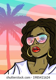 Cartoon vector illustration of the reflection palm trees in the sunglasses. Summer vibes landscape illustration. Hand-drawn vector illustration.