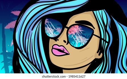 Cartoon vector illustration of the reflection palm trees in the sunglasses. Summer vibes landscape illustration. Hand-drawn vector illustration.