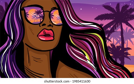 Cartoon vector illustration of the reflection palm trees in the sunglasses. Summer vibes landscape illustration. Hand-drawn vector illustration.