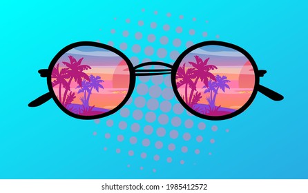 Cartoon vector illustration of the reflection palm trees in the sunglasses. Summer vibes landscape illustration. Hand-drawn vector illustration.
