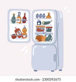 Cartoon vector illustration of Refrigerator full of tasty food.