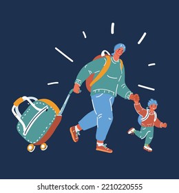 Cartoon Vector Illustration Of Refugie Woman And Kids Run Running Away From Home. Mother And Son Over Dark Backround