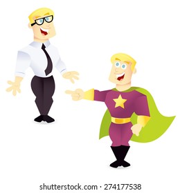 A cartoon vector illustration of a regular office guy and his superhero alter ego.