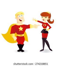 A cartoon vector illustration of a regular office girl and her superhero alter ego.