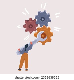 Cartoon vector illustration of Repair and maintenance concept. Woman with wrench repairing broken business mechanism. Funny entrepreneurs setting up company promotion system
