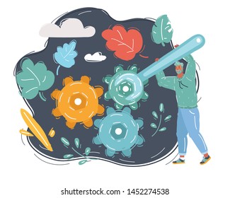 Cartoon vector illustration of repair specialist with spanner in his hand taking care about gears system.