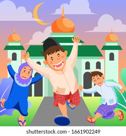 Cartoon Vector Illustration Representing Happy Muslim Children Celebrating Ramadan and Eid in Front of Mosque