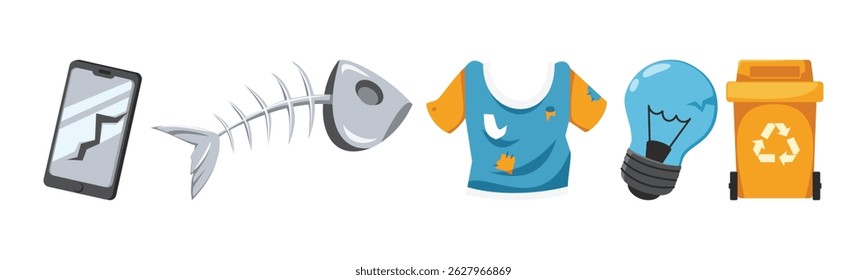 Cartoon vector illustration representing various items considered as waste materials ready for disposal or recycling, emphasizing environmental issues and sustainable waste management.