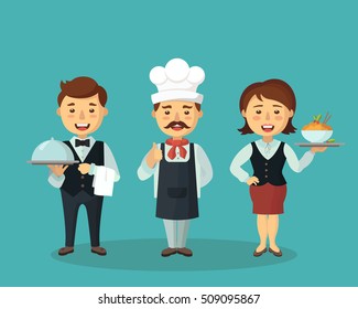 Dibujo vectorial del equipo del restaurante.Chef cocinero, camarera, camarero.Cool diseño plano vectorial.