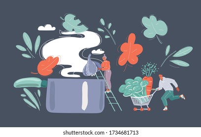 Cartoon vector illustration of Restaurant workers prepare meals. Big pan and tiny man and woman cooking. Human characters on dark.