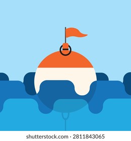 Cartoon vector illustration of a restrictive sea buoy on waves in flat color style. Regulation and safety of shipping in ocean. Simple and minimalistic asset for water awareness, swimming poster or sailing promotional banner. EPS 10.