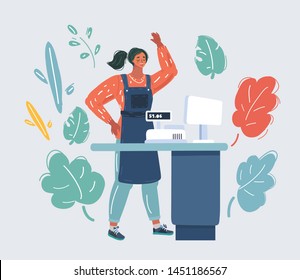 Cartoon vector illustration of Retail woman cashier in supermarket waving by hand. Human character on white background.