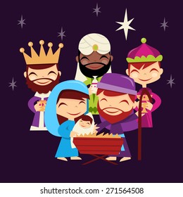 A cartoon vector illustration of retro cute christmas nativity scene:- three kings, joseph, mary and baby jesus.