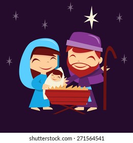 A cartoon vector illustration of retro cute nativity scene.