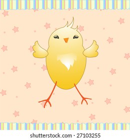 Cartoon vector illustration of  retro funky background with cute little yellow baby chick