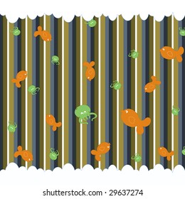 Cartoon vector illustration of  retro funky background with cute little fish and octopus