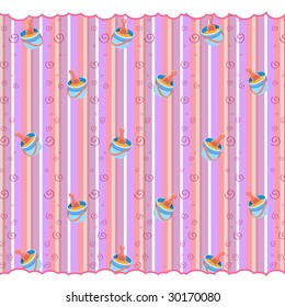 Cartoon vector illustration of retro funky striped background with cool little Beach Toys-bucket and shovel
