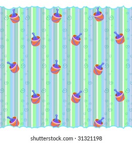Cartoon vector illustration of retro funky striped background with cool little Beach Toys-bucket and shovel