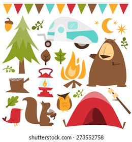 A cartoon vector illustration of retro inspired camping theme graphic set. These camping graphics are perfect for woodsy outdoor fun! 