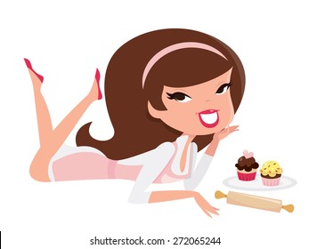 A cartoon vector illustration of a retro pin up girl lying down on the ground with a tray of cupcakes and rolling pin. 