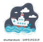 Cartoon vector illustration of Retro steam ship Travel concept, sea ocean water wave on dark background,