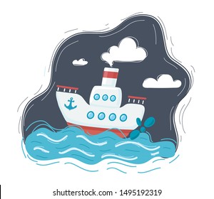 Cartoon Vector Illustration Of Retro Steam Ship Travel Concept, Sea Ocean Water Wave On Dark Background,