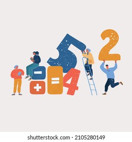 Dibujo vectorial de caricatura de Retorno de la Inversión Empresarial y Recaudación de Beneficios. Equipo de análisis de personas calculando ingresos