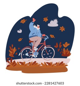 Cartoon vector illustration Rider in the fall weather. Windy and leaves are around him over dark background