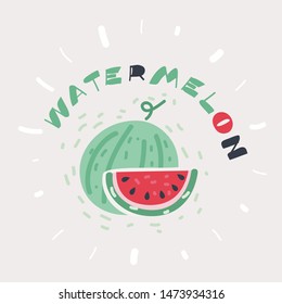 Cartoon vector illustration of Ripe full watermelon berry isolated on white background. One whole watermelon with clipping path. Object with name.