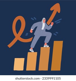 Cartoon vector illustration of Rising up. Career progression. Businesswoman rising up the stairs holding an arrow sign over dark backround.