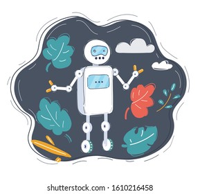 Cartoon vector illustration of robot, party on dark.