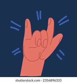 Cartoon vector illustration of Rock on gesture symbol over dark background