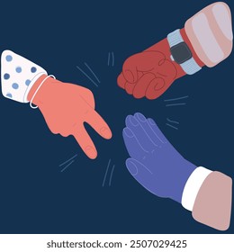 Cartoon vector illustration of Rock Paper Scissors hands palying over dark background