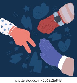 Cartoon vector illustration of Rock Paper Scissors game hands over dark backround