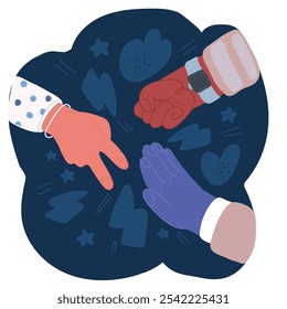 Cartoon vector illustration of Rock, Scissor and paper hand sign over dark background