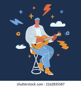 Cartoon vector illustration of rock star playing on guitar over dark backround.