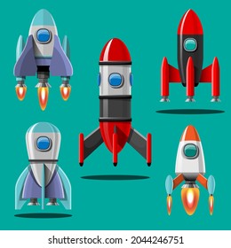 Cartoon vector illustration Rocket launch isolated images set. Space mission rockets with smoke on background. Vector illustration in flat style
