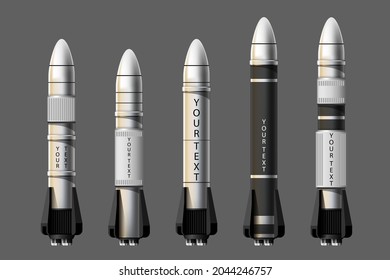 Ilustración vectorial de dibujos animados El cohete lanza imágenes aisladas establecidas. Cohetes de misión espacial con humo en el fondo. Ilustración vectorial en estilo plano