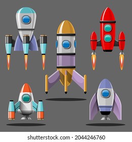 Cartoon vector illustration Rocket launch isolated images set. Space mission rockets with smoke on background. Vector illustration in flat style