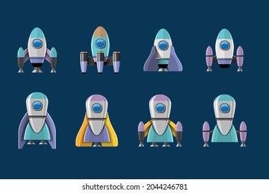 Cartoon vector illustration Rocket launch isolated images set. Space mission rockets with smoke on background. Vector illustration in flat style