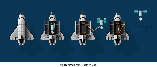 Cartoon vector illustration Rocket launch isolated images set. Space mission rockets with smoke on background. Vector illustration in flat style