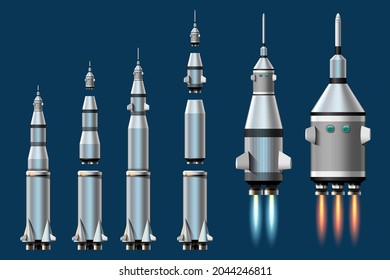 Cartoon vector illustration Rocket launch isolated images set. Space mission rockets with smoke on background. Vector illustration in flat style