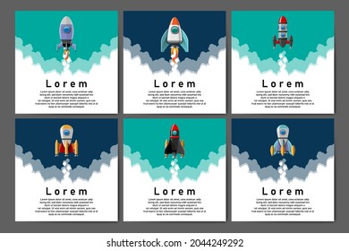 Cartoon vector illustration Rocket launch isolated images set banner. Space mission rockets with smoke on background. Vector illustration in 3D style