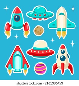 Cartoon vector illustration Rocket launch isolated images set. Space mission rockets with smoke on background. Vector illustration in flat style