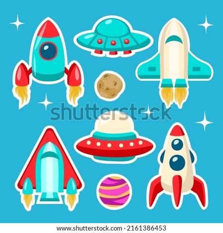Cartoon vector illustration Rocket launch isolated images set. Space mission rockets with smoke on background. Vector illustration in flat style