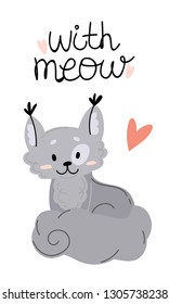 Cartoon vector illustration. Romantic Postcard with cute hearts and gray cat character.